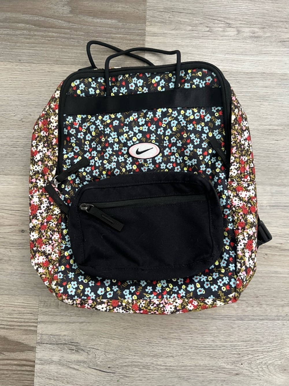 Nike Black Backpack with Light Blue, Red, Yellow and Pink Floral Print
